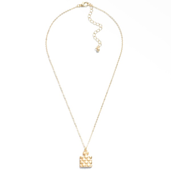 Gold Tone Chain Link Necklace Featuring Quilted Perfume Decant Charm with Pearl Accents.

- Approximately 16" L
- Extender 2.5" L