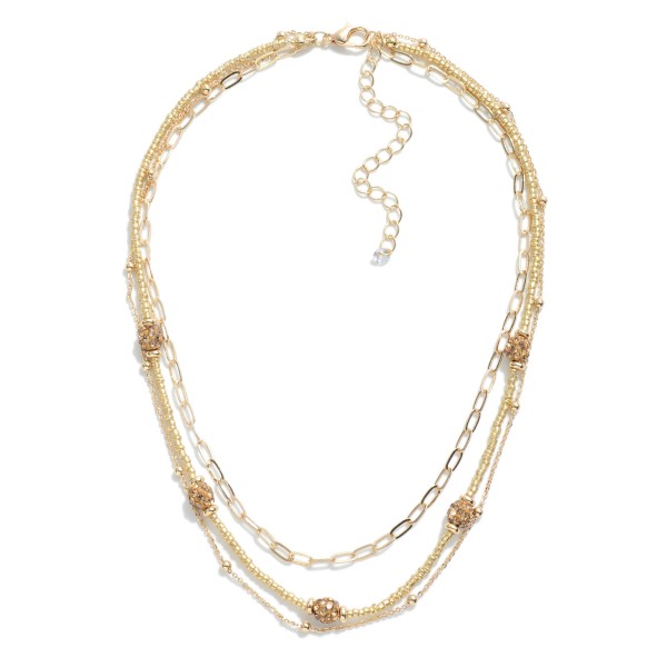 Layered Chain Link and Beaded Necklace Featuring Rhinestone Studded Beads.

- Approximately 16" L
- Extender 2" L