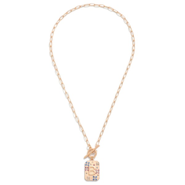 Gold T-Bar Initial Pendant Necklace Featuring Rhinestone Accents 

- Approximately 14" L