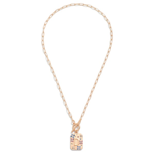 Gold T-Bar Initial Pendant Necklace Featuring Rhinestone Accents 

- Approximately 14" L