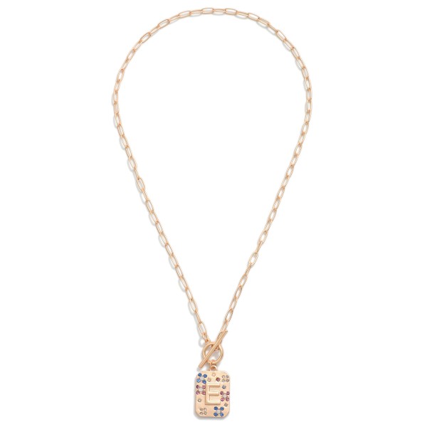 Gold T-Bar Initial Pendant Necklace Featuring Rhinestone Accents 

- Approximately 14" L