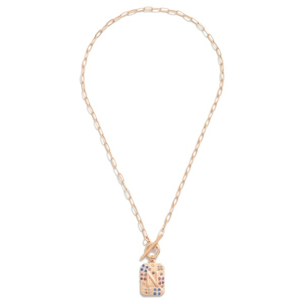 Gold T-Bar Initial Pendant Necklace Featuring Rhinestone Accents 

- Approximately 14" L