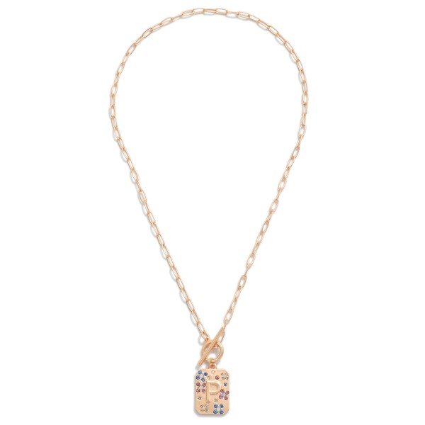 Gold T-Bar Initial Pendant Necklace Featuring Rhinestone Accents 

- Approximately 14" L