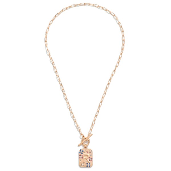 Gold T-Bar Initial Pendant Necklace Featuring Rhinestone Accents 

- Approximately 14" L