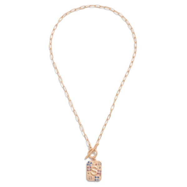 Gold T-Bar Initial Pendant Necklace Featuring Rhinestone Accents 

- Approximately 14" L