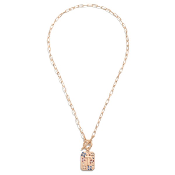 Gold T-Bar Initial Pendant Necklace Featuring Rhinestone Accents 

- Approximately 14" L