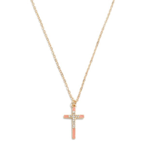 Chain Link Enamel Cross Pendant Necklace With Rhinestone Accents

- Approximately 15" L 
- Extender 3" L (Bead Accent At End of Extender) 