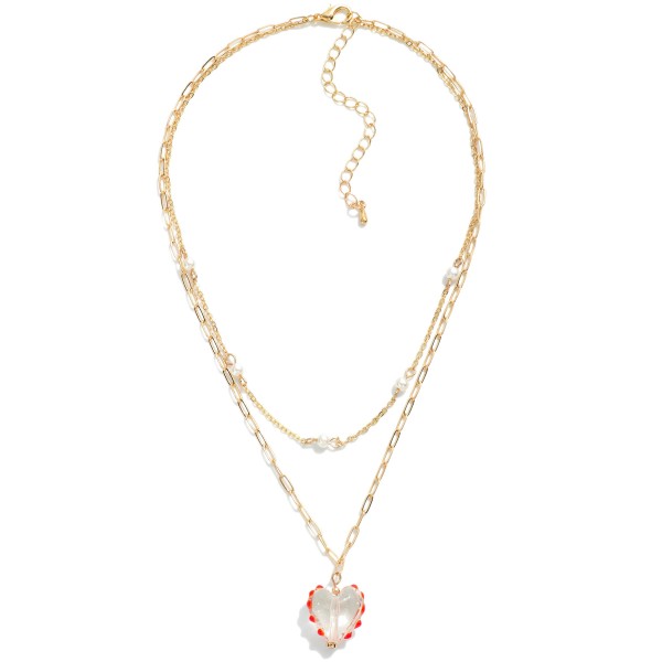 Layered Chain Link Necklace Featuring Heart Pendant and Pearl Accents

- Approximately 13" L
- Extender 3" L