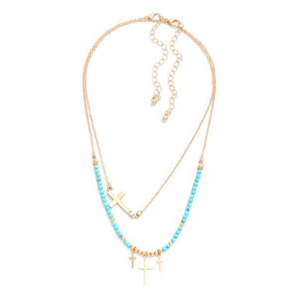 2 Piece Necklace Set Featuring Natural Stone Beaded Necklace and Cross Pendant Accents 

- Approximately  14-16" L 
- Extender 3" L