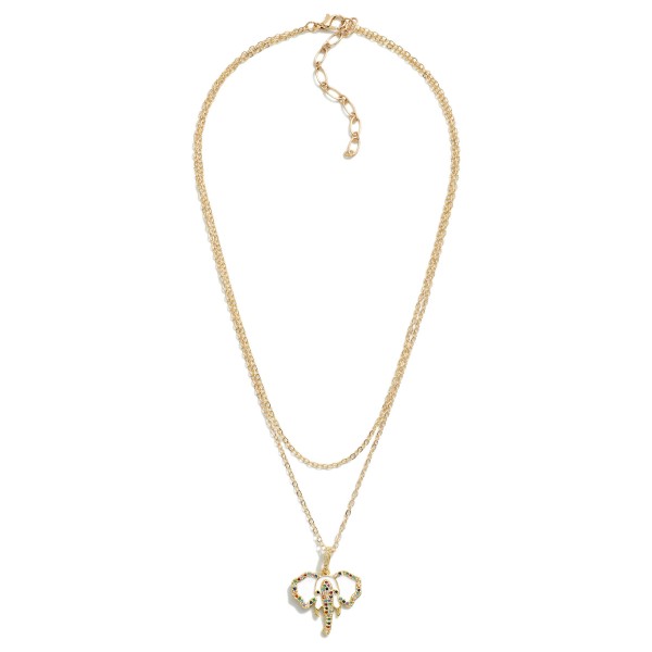 Layered  Dainty Chain Link Necklace Featuring Rhinestone Studded Elephant Pendant

- Approximately 14-16" L
- Extender 3" L