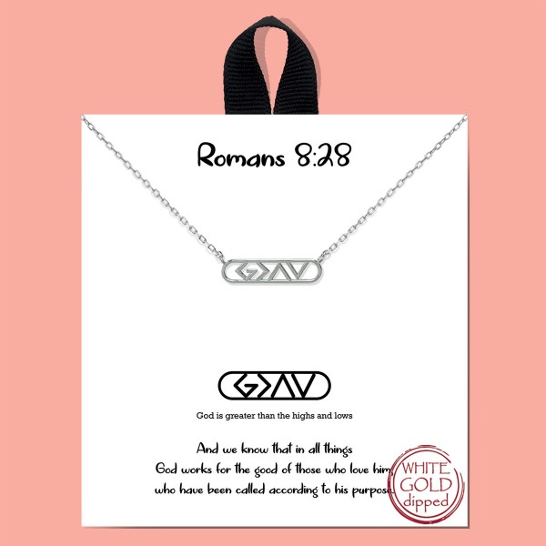 Dainty Chain Link Necklace Featuring 'God is Greater Than the Highs and the Lows' Pendant 

 - Approximately 16" L
- Extender 2" L
- Hypoallergenic Brass Base
- 18K Gold or White Gold Dipped
- Made in Korea 
-Card: " And we know that in all things God works for the good of those who love him, who have been called according to his purpose." 