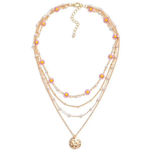 Wholesale layered Chain Link Necklace Pitted Metal Charm Daisy Pearl Details L E