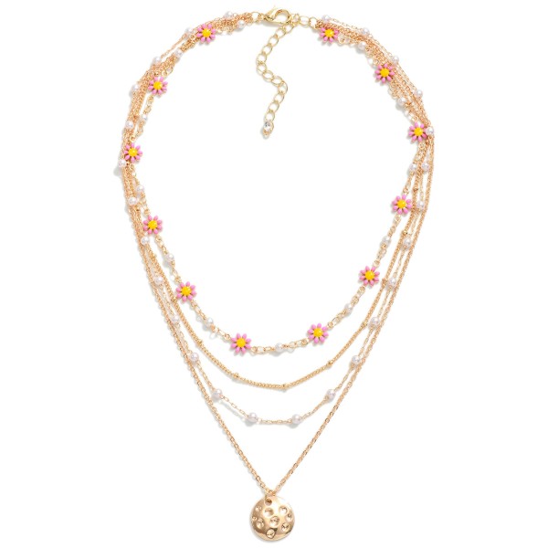 Layered Chain Link Necklace Featuring Pitted Metal Charm With Daisy and Pearl Details

- Approximately 16" L
- Extender 3" L