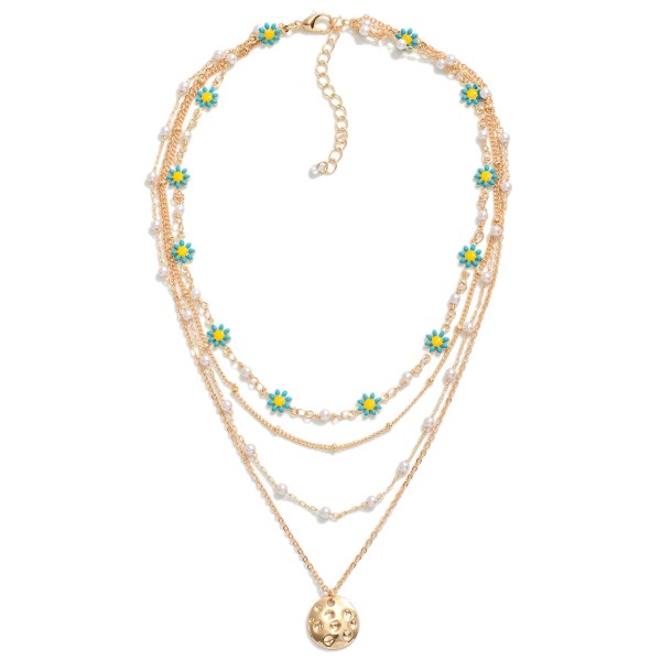Wholesale layered Chain Link Necklace Pitted Metal Charm Daisy Pearl Details L E