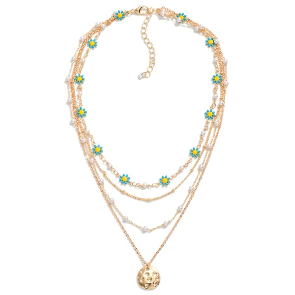 Layered Chain Link Necklace Featuring Pitted Metal Charm With Daisy and Pearl Details

- Approximately 16" L
- Extender 3" L