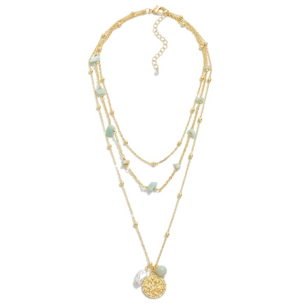 Wholesale three Strand Layered Leaf Pendant Necklace Pearl Beaded Accents L Exte