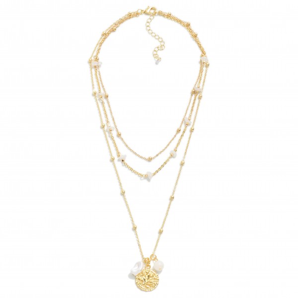 Three Strand Layered Leaf Pendant Necklace With Pearl & Beaded Accents

- Approximately 14-18" L
- Extender 3" L