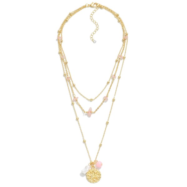 Three Strand Layered Leaf Pendant Necklace With Pearl & Beaded Accents

- Approximately 14-18" L
- Extender 3" L