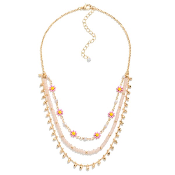 Layered Chain Link Necklace Featuring Daisy and Beaded Accents

- Approximately 16" L