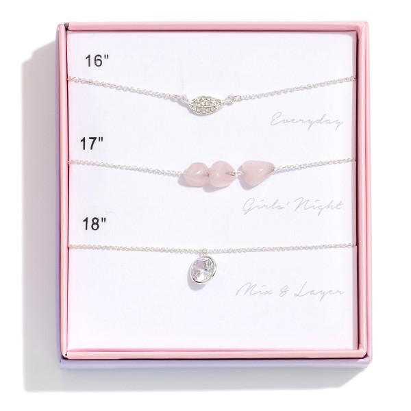 Wholesale set Three Silver Metal Chain Link Necklaces Leaf Rhinestone Natural St