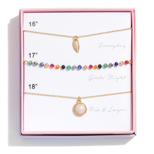 Wholesale set Three Beaded Gold Metal Chain Link Necklaces Leaf Pearl Pendants L