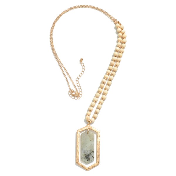 Wholesale gold Chain Link Necklace Diamond Stone Pendant Wood Beaded Details L