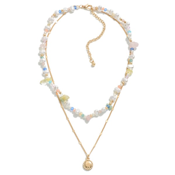 Layered Chain Link Necklace Featuring Pearl and Semi-Precious Natural Stone Beads With Metal Sun Pendant

- Approximately 16" L
- Extender 3" L