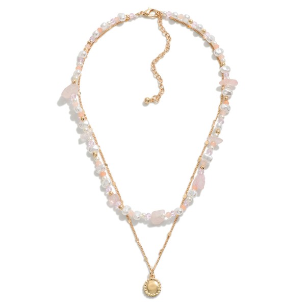 Layered Chain Link Necklace Featuring Pearl and Semi-Precious Natural Stone Beads With Metal Sun Pendant

- Approximately 16" L
- Extender 3" L