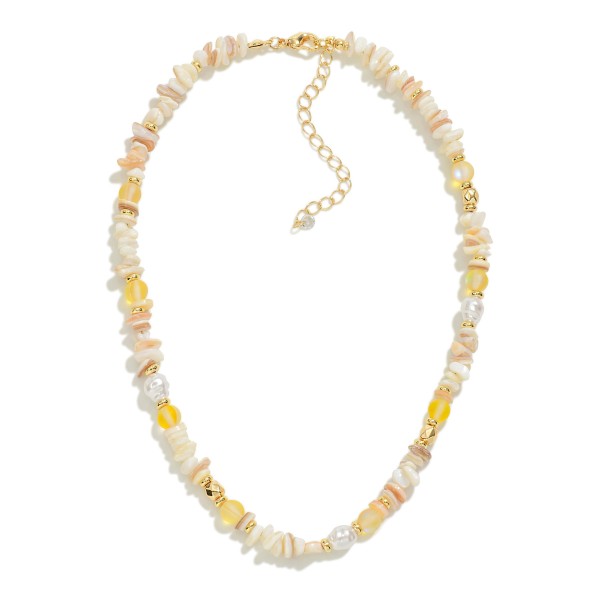 Chip Stone Beaded Necklace With Pearl and Gold Tone Beaded Accents

- Approximately 14" L
- Extender 3" L