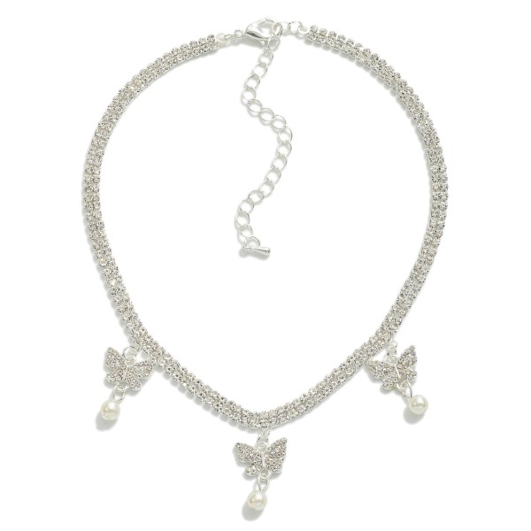 Linked Rhinestone Choker Necklace Featuring Butterfly and Pearl Charms

- Approximately 10" L
- Extender 3" L