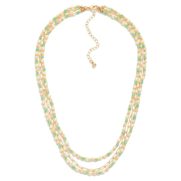 Triple Layered Necklace With Chain Link and Beaded Details

- Approximately 16" L
- Extender 3" L