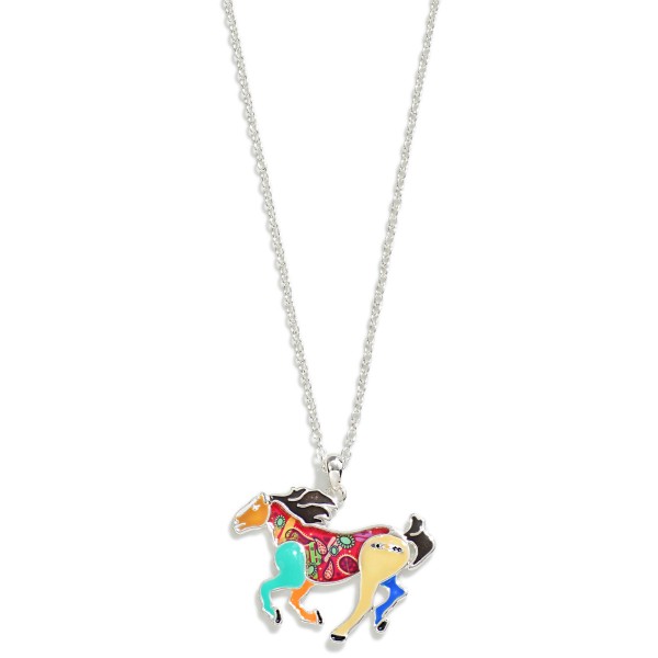 Wholesale silver Layered Chain Link Necklace Multicolored Enamel Horse Pendant L