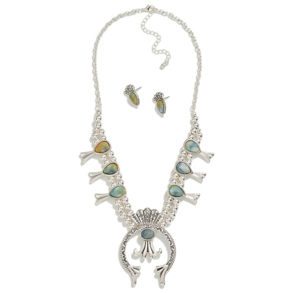 Silver Beaded Western Necklace And Earring Set Featuring Stone Inlay Details

- Approximately 18" L 
- Extender 3" L
- Stud 0.75" L