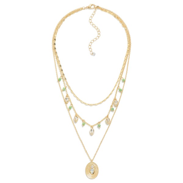 Wholesale triple Layered Chain Link Necklace Circular Rhinestone Studded Pendant