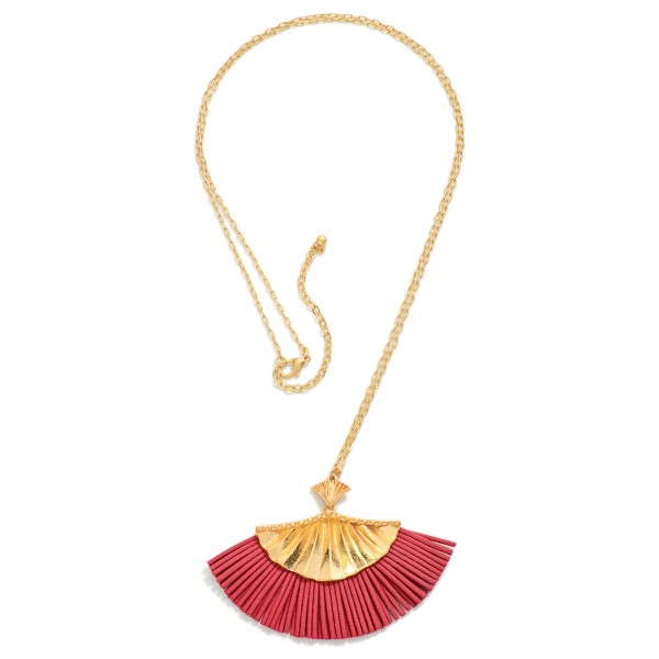 Long Gold Tone Necklace With Statement Leather Fan Pendant

- Approximately 30" L
- Extender 3"L