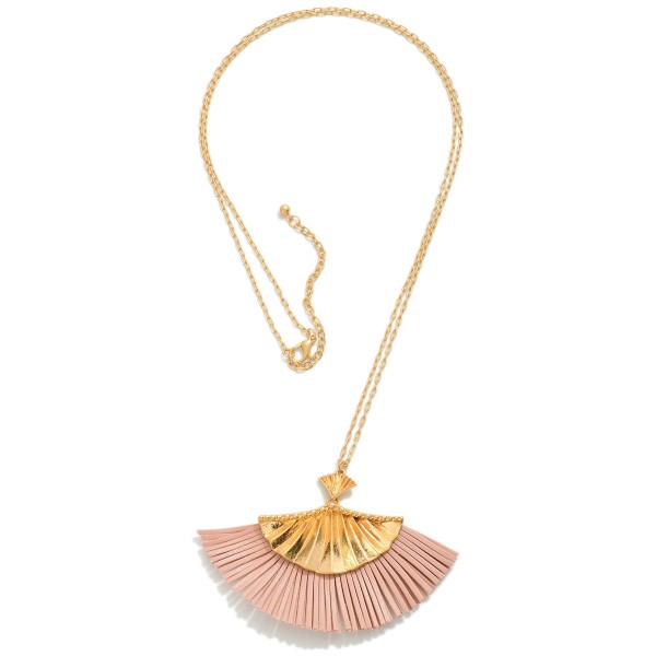 Long Gold Tone Necklace With Statement Leather Fan Pendant

- Approximately 30" L
- Extender 3"L