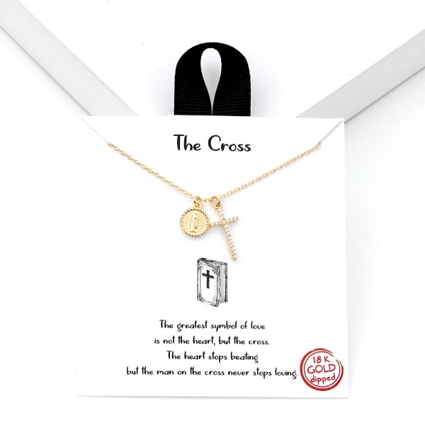 Dainty Chain Link Necklace Featuring Cubic Zirconia Cross and Praying Hands Pendants

- Gold Dipped 
- Hypoallergenic Brass Base 
- Approximately 16" L 
- Extender 2" L
- Made in Korea 
- Lead & Nickel Free 

Card Reads: The greatest symbol of love is not the heart, but the cross. The heart stops beating but the man on the cross never stops loving."