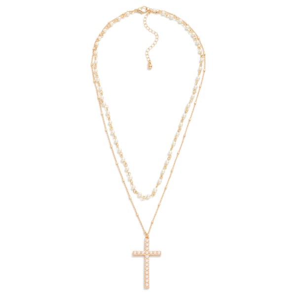 Layered Chain Link Necklace With Pearl Stations and Pearl Cross Pendant

- Approximately 20" L
- Extender 3" L