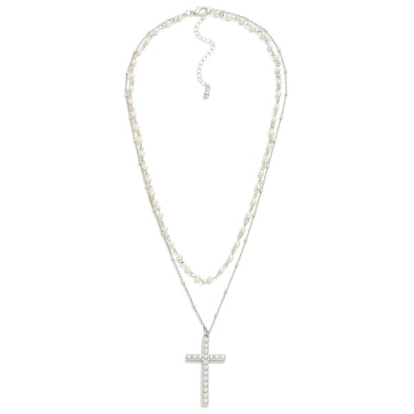 Layered Chain Link Necklace With Pearl Stations and Pearl Cross Pendant

- Approximately 20" L
- Extender 3" L