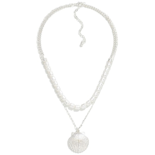 Layered Chain Link Necklace With Pearl Beads and Shell Pendant

- Approximately 16" L
- Extender 3" L