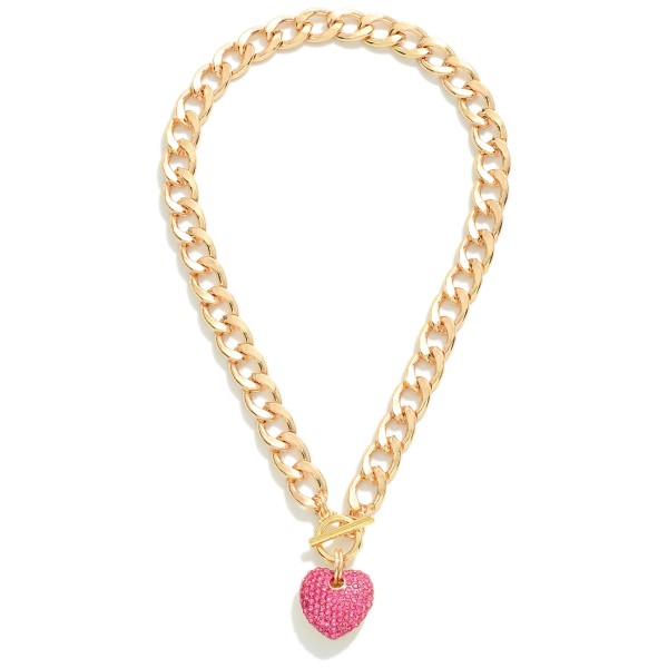 Heavy Metal Chain Link Necklace With Rhinestone Pave Heart Pendant and T-Barr Closure

- Approximately 16" L