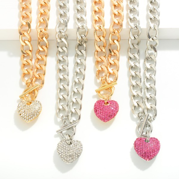 Heavy Metal Chain Link Necklace With Rhinestone Pave Heart Pendant and T-Barr Closure

- Approximately 16" L