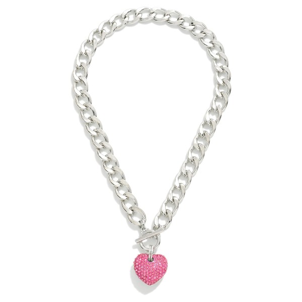 Heavy Metal Chain Link Necklace With Rhinestone Pave Heart Pendant and T-Barr Closure

- Approximately 16" L