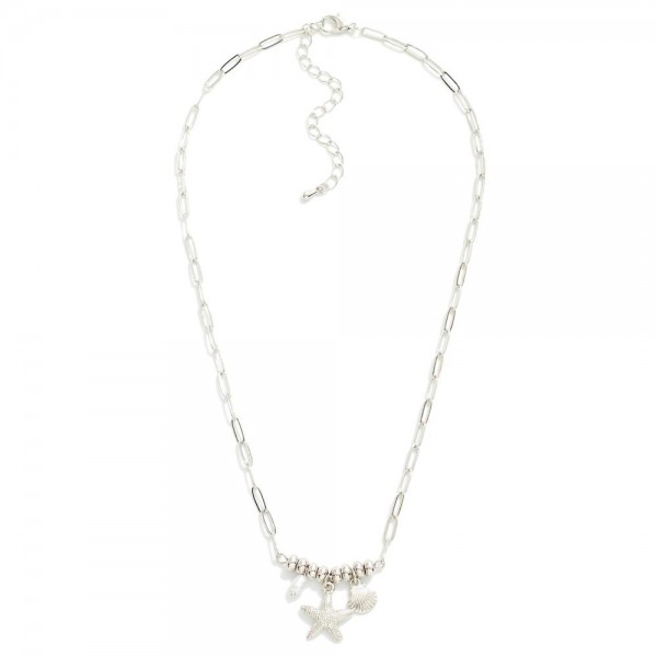 Paperclip Chain Link Necklace Featuring Shell, Starfish, & Pearl Pendants 

- Approximately 16" L
- Extender 3" L