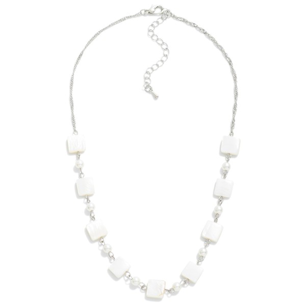 Chain Link Necklace With Mother of Pearl and Pearl Bead Stations

- Approximately 15" L
- Extender 3" L