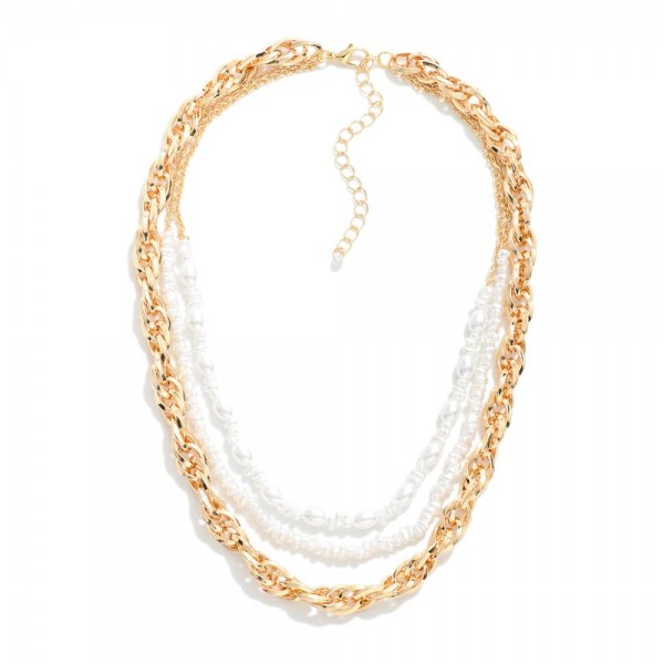 Wholesale layered Gold Rope Chain Link Necklace Beaded Pearl Accents L Extender