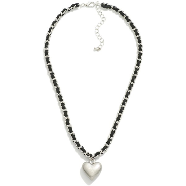 Leather Weaved Chain Link Necklace With Metal Heart Pendant

- Approximately 14" L
- Extender 3" L