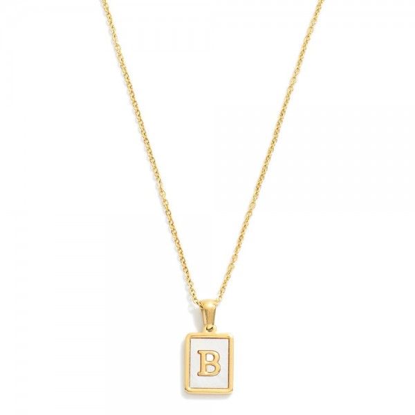 Dainty Stainless Steel Chain Link Necklace Featuring Mother-of-Pearl Inlay Initial Pendant 

- 18K Gold Plated Stainless Steel*
- Approximately 16" L (no extender) 


* Stainless Steel is Hypoallergenic, Waterproof, Fade-resistant and Tarnish-Resistant 