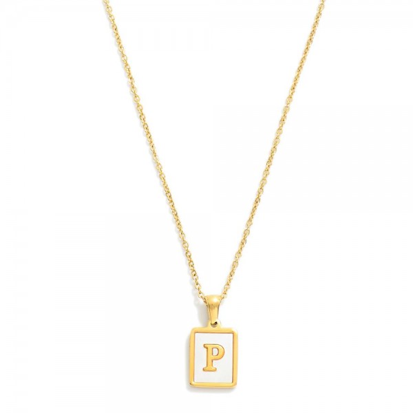 Dainty Stainless Steel Chain Link Necklace Featuring Mother-of-Pearl Inlay Initial Pendant 

- 18K Gold Plated Stainless Steel*
- Approximately 16" L (no extender) 


* Stainless Steel is Hypoallergenic, Waterproof, Fade-resistant and Tarnish-Resistant 