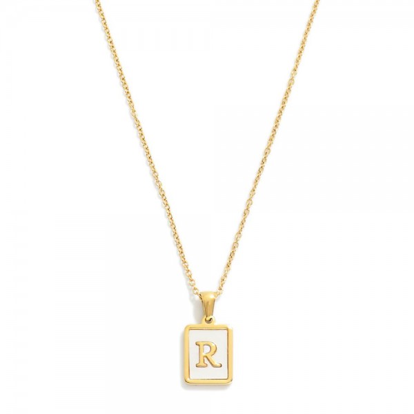 Dainty Stainless Steel Chain Link Necklace Featuring Mother-of-Pearl Inlay Initial Pendant 

- 18K Gold Plated Stainless Steel*
- Approximately 16" L (no extender) 


* Stainless Steel is Hypoallergenic, Waterproof, Fade-resistant and Tarnish-Resistant 